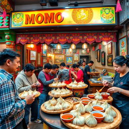 A vibrant and inviting fast-casual restaurant scene featuring a momo outlet with a distinct Nepalese touch