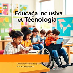 A visually engaging book cover for the title 'Educação Inclusiva e Tecnologia: Construindo Pontes para um Aprendizado Igualitário'