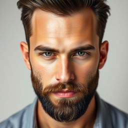 A realistic portrait of a man with a strong jawline, focusing on his facial features with an untouched skull structure