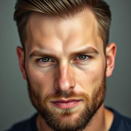 A realistic portrait of a man with a strong jawline, focusing on his facial features with an untouched skull structure