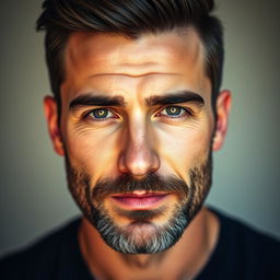 A realistic portrait of a man with a strong jawline, focusing on his facial features with an untouched skull structure