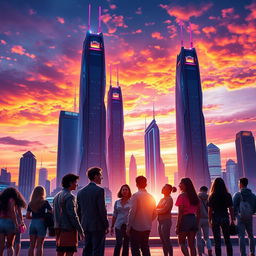 A visually striking poster featuring a futuristic city skyline at sunset, with tall skyscrapers that have intricate designs and bright neon lights