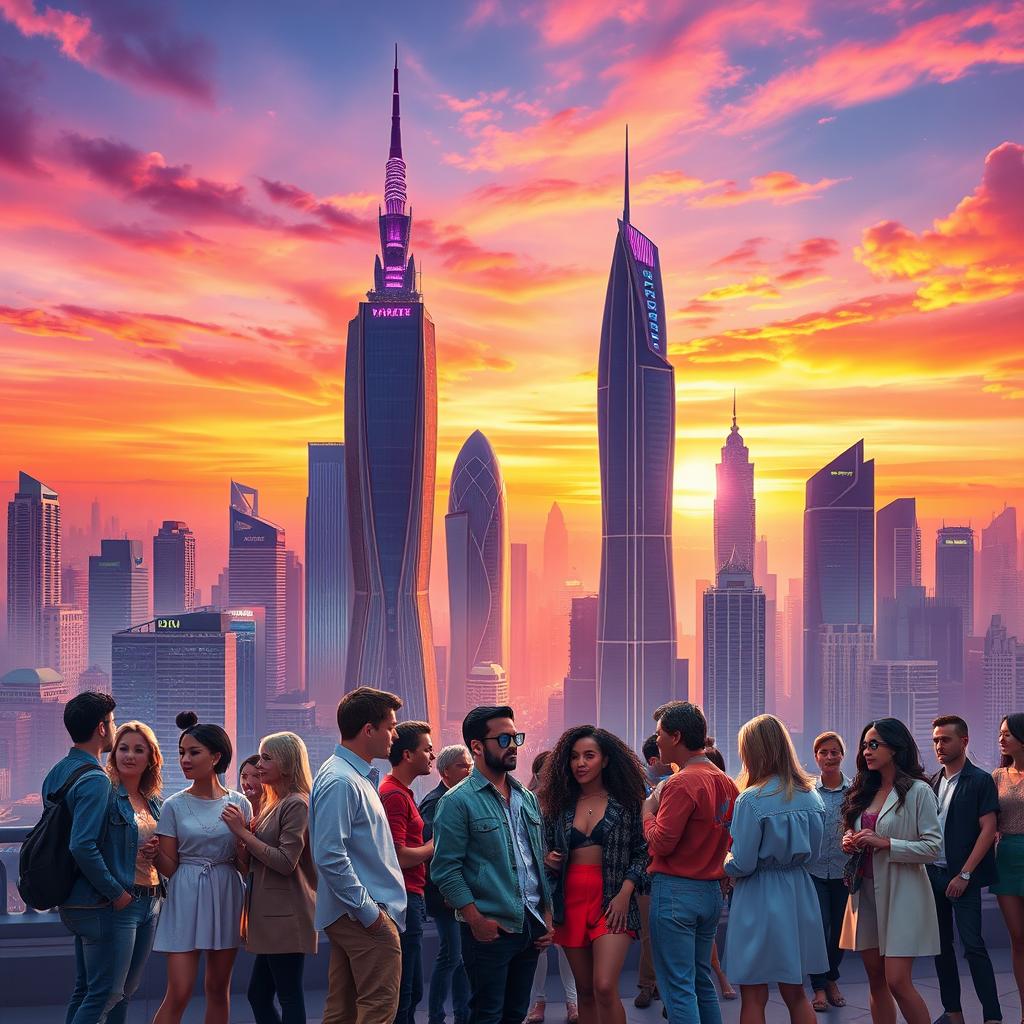 A visually striking poster featuring a futuristic city skyline at sunset, with tall skyscrapers that have intricate designs and bright neon lights