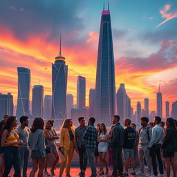 A visually striking poster featuring a futuristic city skyline at sunset, with tall skyscrapers that have intricate designs and bright neon lights