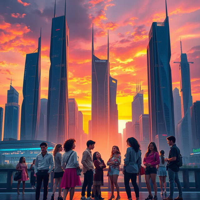 A visually striking poster featuring a futuristic city skyline at sunset, with tall skyscrapers that have intricate designs and bright neon lights