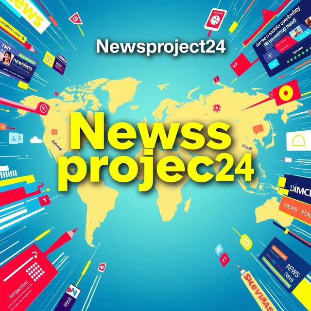 A vibrant poster for 'Newsproject24', featuring modern design elements such as bold typography and dynamic visuals representing digital news