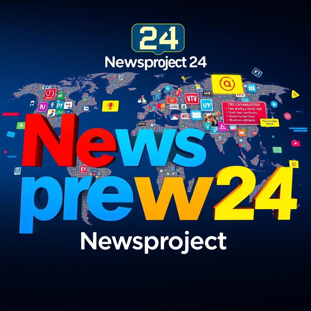 A vibrant poster for 'Newsproject24', featuring modern design elements such as bold typography and dynamic visuals representing digital news