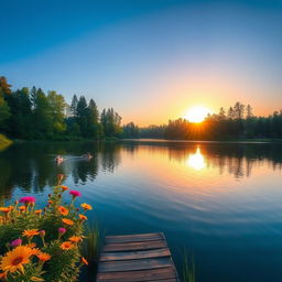 A serene landscape depicting a beautiful lake surrounded by lush greenery and tall trees under a clear blue sky