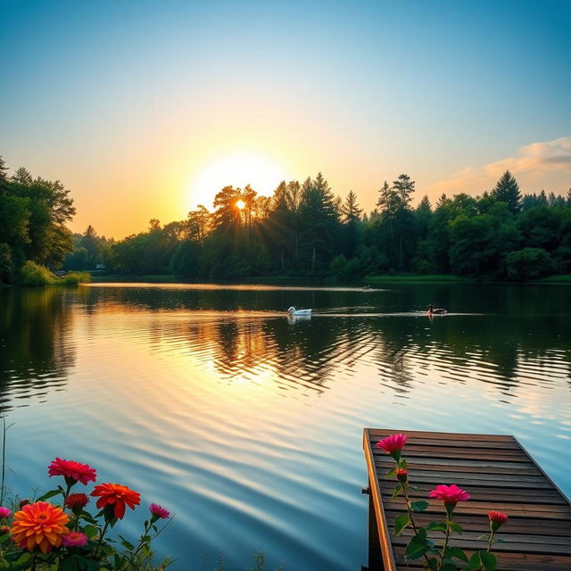 A serene landscape depicting a beautiful lake surrounded by lush greenery and tall trees under a clear blue sky