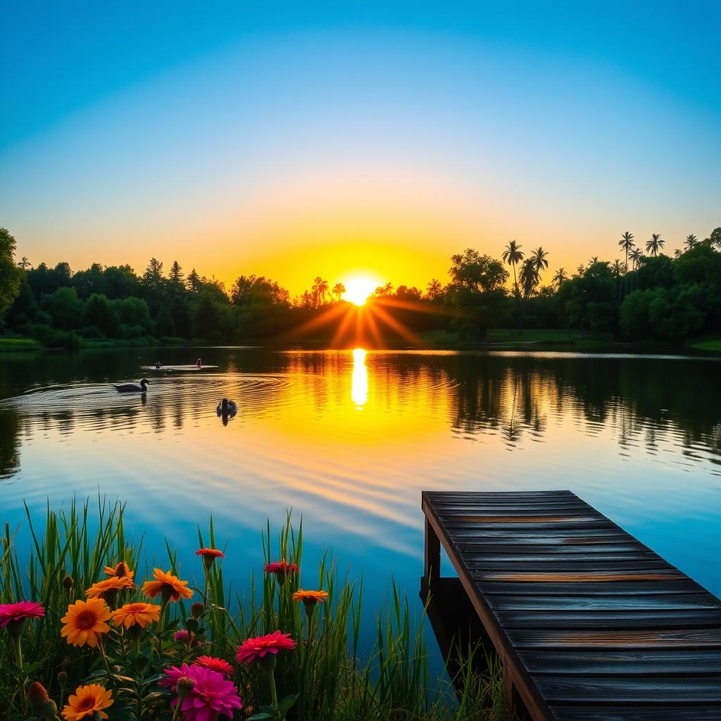 A serene landscape depicting a beautiful lake surrounded by lush greenery and tall trees under a clear blue sky