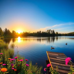 A serene landscape depicting a beautiful lake surrounded by lush greenery and tall trees under a clear blue sky