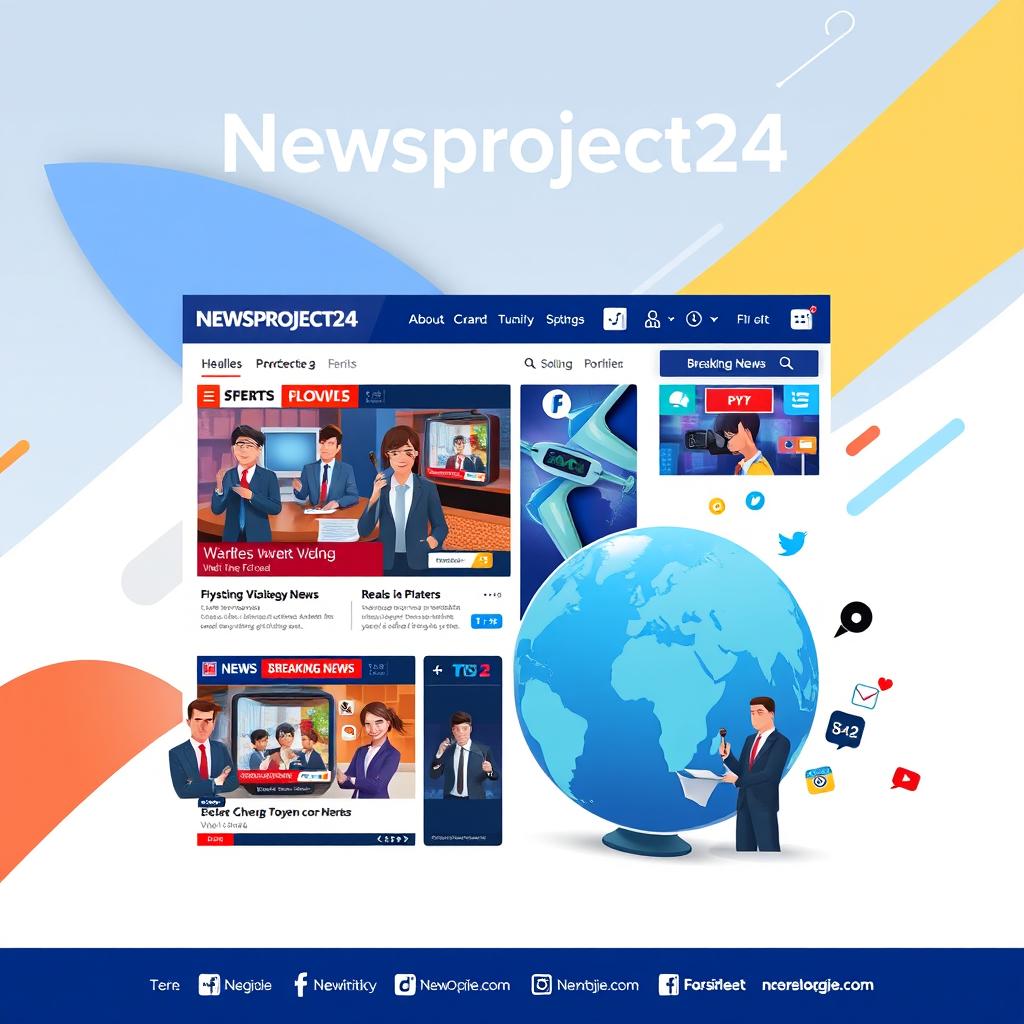 A dynamic and eye-catching poster for 'Newsproject24', showcasing a modern news platform with a sleek digital design