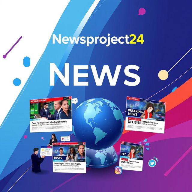 A dynamic and eye-catching poster for 'Newsproject24', showcasing a modern news platform with a sleek digital design