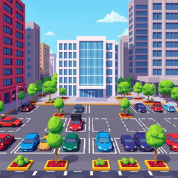 A vibrant pixel art depiction of a corporate building featuring a sleek and modern design with multiple stories and large glass windows