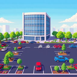 A vibrant pixel art depiction of a corporate building featuring a sleek and modern design with multiple stories and large glass windows