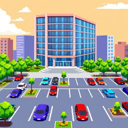 A vibrant pixel art depiction of a corporate building featuring a sleek and modern design with multiple stories and large glass windows