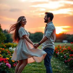 A romantic scene featuring a couple in a beautiful sunset setting, holding hands with soft smiles on their faces