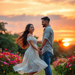 A romantic scene featuring a couple in a beautiful sunset setting, holding hands with soft smiles on their faces