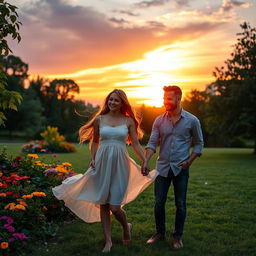 A romantic scene featuring a couple in a beautiful sunset setting, holding hands with soft smiles on their faces