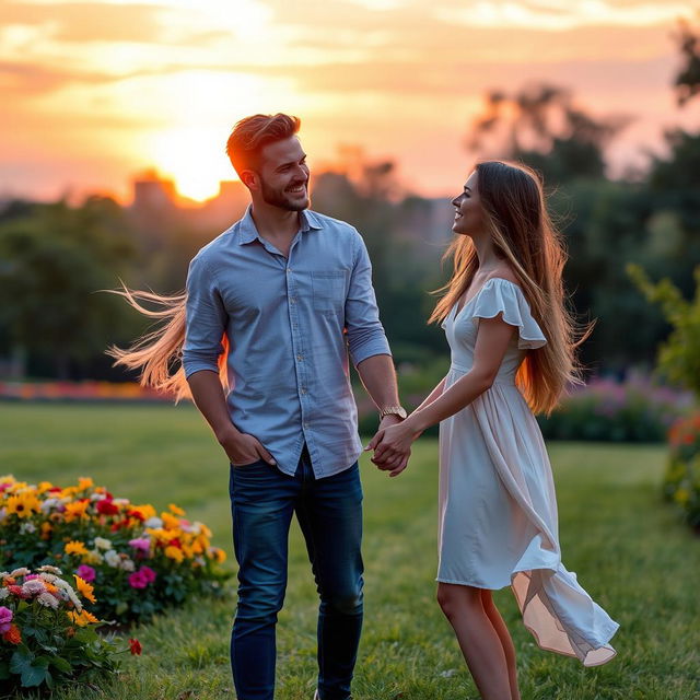 A romantic scene featuring a couple in a beautiful sunset setting, holding hands with soft smiles on their faces