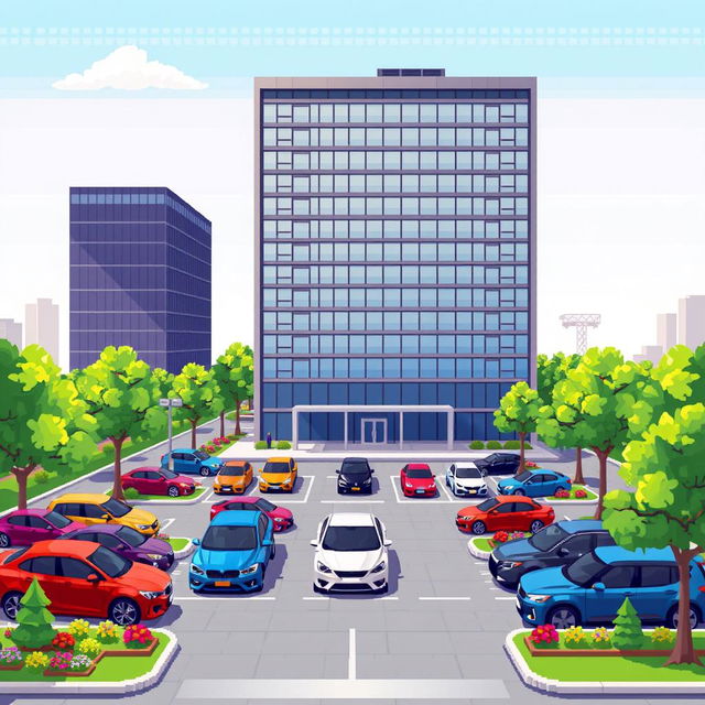 A detailed pixel art illustration of a corporate building featuring a sleek and modern design with a façade of reflective windows