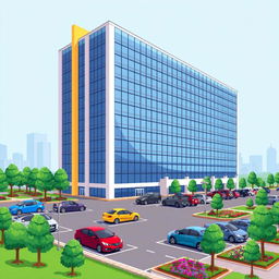 A detailed pixel art illustration of a corporate building featuring a sleek and modern design with a façade of reflective windows