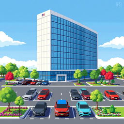 A detailed pixel art illustration of a corporate building featuring a sleek and modern design with a façade of reflective windows