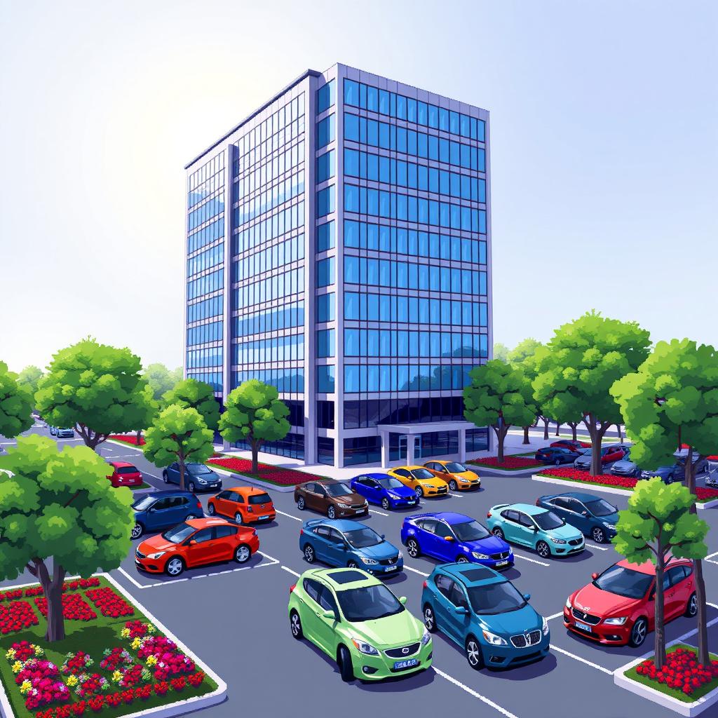 A detailed pixel art illustration of a corporate building featuring a sleek and modern design with a façade of reflective windows