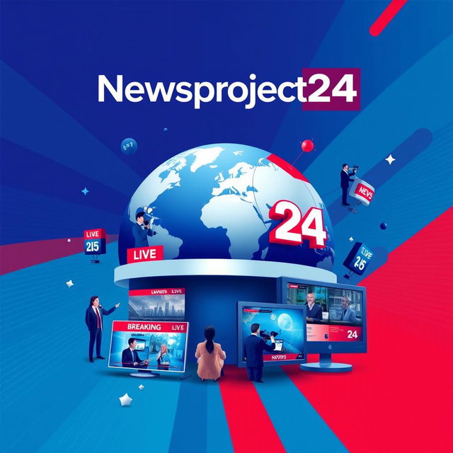 Create a vibrant and modern poster for 'Newsproject24', emphasizing its role as a 24-hour news hub