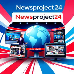 Create a vibrant and modern poster for 'Newsproject24', emphasizing its role as a 24-hour news hub