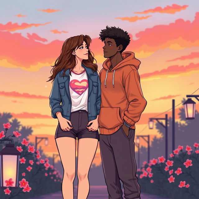 A stylish illustration of a young couple standing side by side, both with matching heights, showcasing a strong bond between them