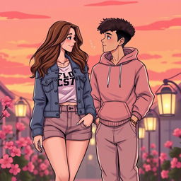 A stylish illustration of a young couple standing side by side, both with matching heights, showcasing a strong bond between them