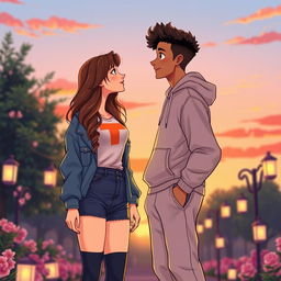 A stylish illustration of a young couple standing side by side, both with matching heights, showcasing a strong bond between them