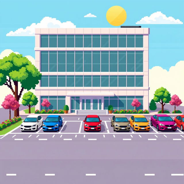 A charming pixel art representation of a five-story corporate building, featuring a modern design with large glass windows and a sleek façade