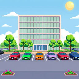A charming pixel art representation of a five-story corporate building, featuring a modern design with large glass windows and a sleek façade