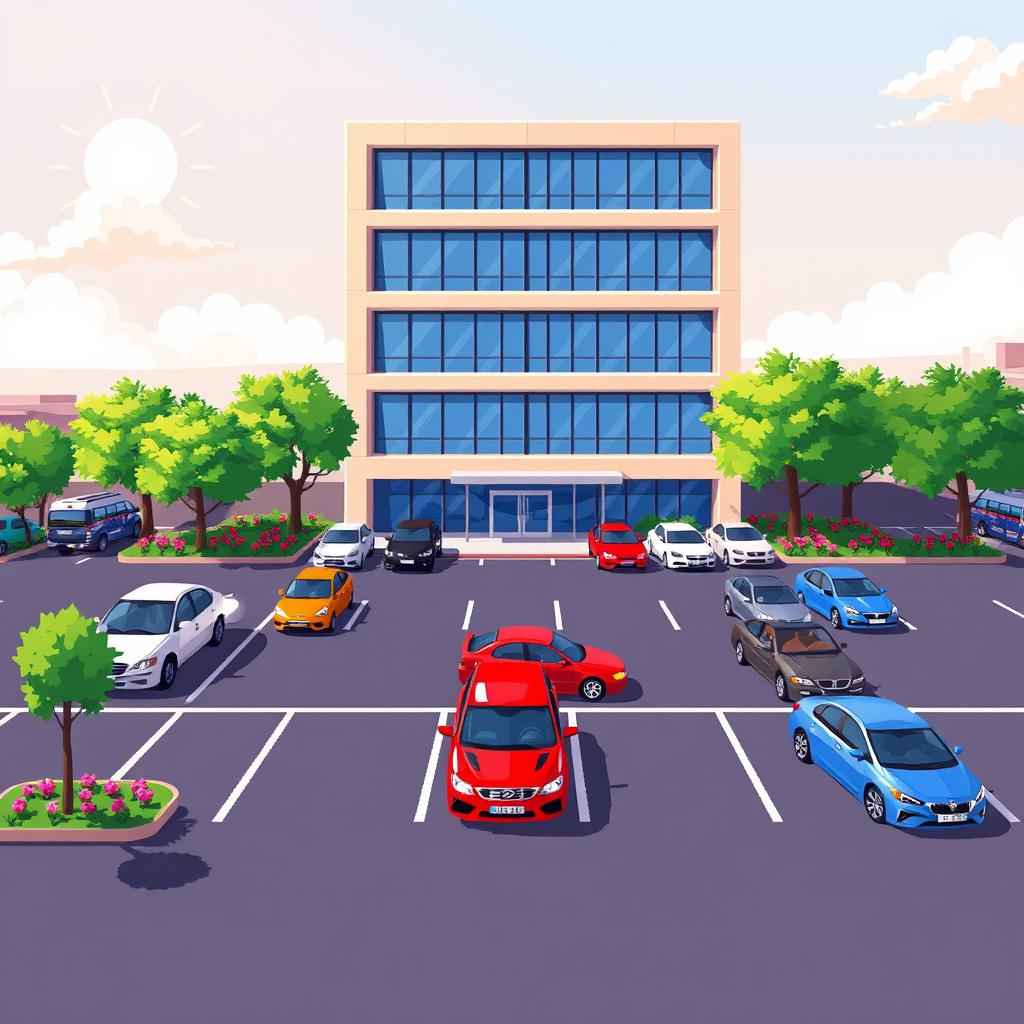 A charming pixel art representation of a five-story corporate building, featuring a modern design with large glass windows and a sleek façade