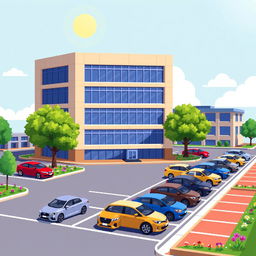 A charming pixel art representation of a five-story corporate building, featuring a modern design with large glass windows and a sleek façade