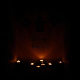 A small dark room illuminated by flickering small candles casting soft, warm light