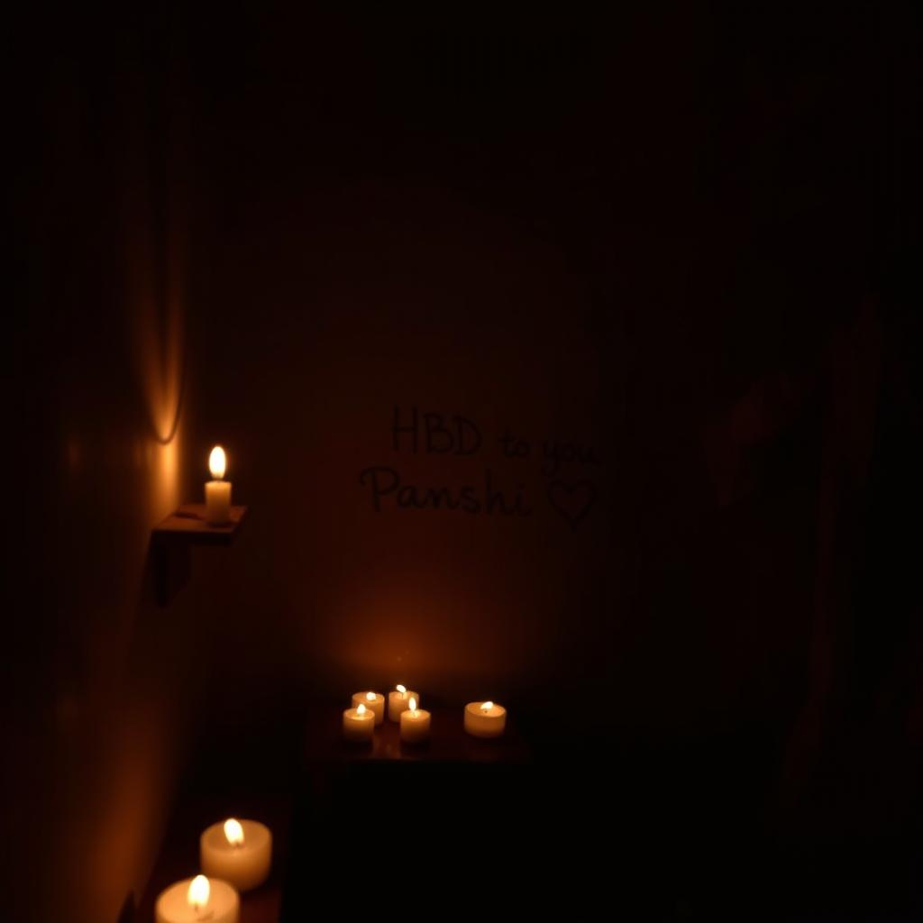 A small dark room illuminated by flickering small candles casting soft, warm light