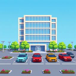 A charming pixel art representation of a five-story corporate building, featuring a contemporary design with large glass windows and a modern exterior