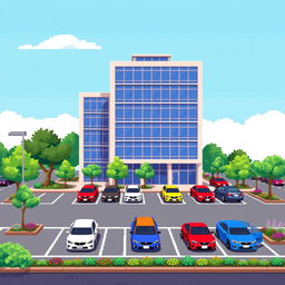 A charming pixel art representation of a five-story corporate building, featuring a contemporary design with large glass windows and a modern exterior