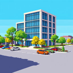 A charming pixel art representation of a five-story corporate building, featuring a contemporary design with large glass windows and a modern exterior