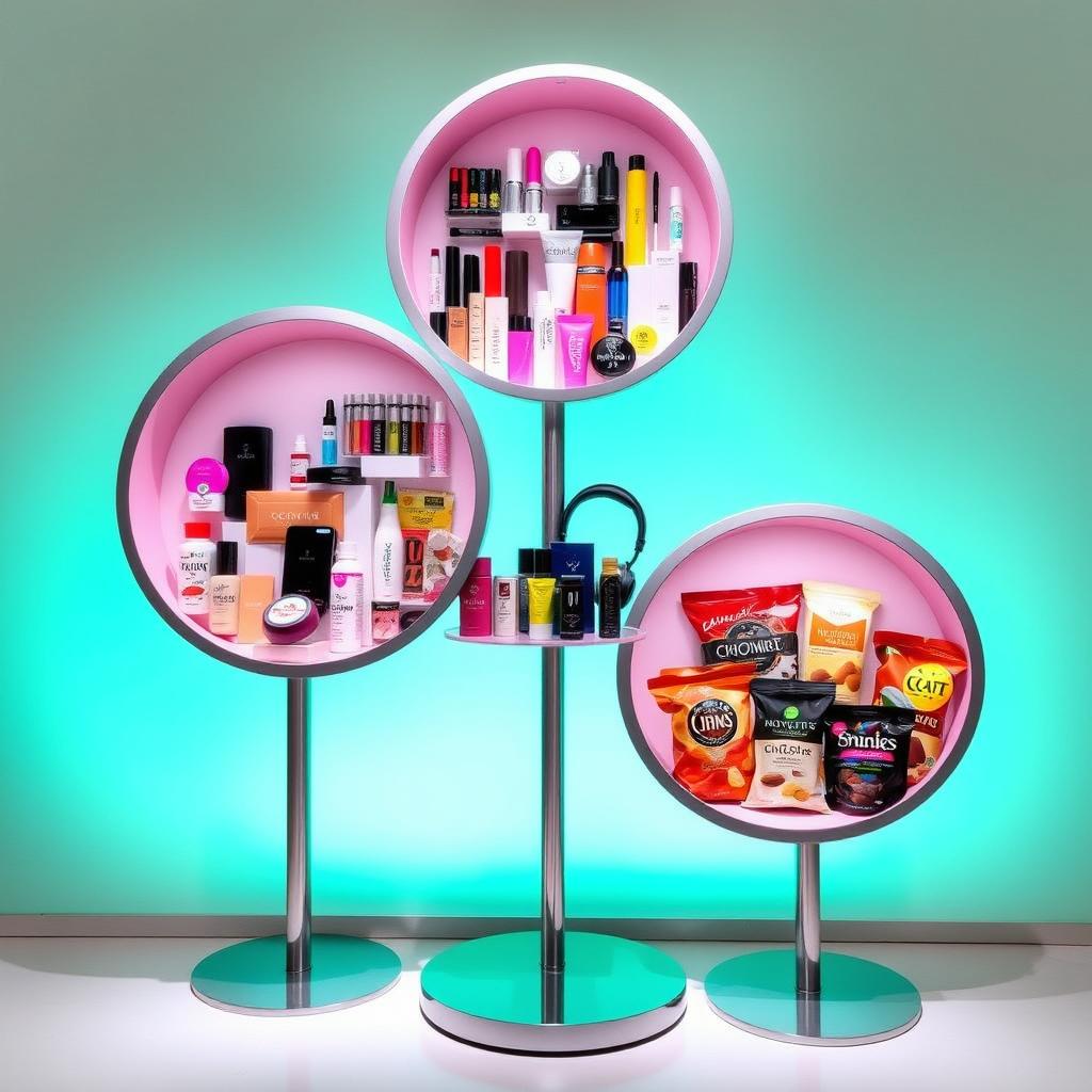 A vibrant display stand featuring three interconnected circles, each containing a different array of colorful products