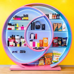 A vibrant display stand featuring three interconnected circles, each containing a different array of colorful products