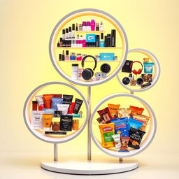 A vibrant display stand featuring three interconnected circles, each containing a different array of colorful products