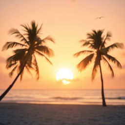 Aesthetic background for a portrait, incorporating a dreamy sunset silhouette on a beach, featuring soft pastel colors like pink and orange blending into a serene ocean view