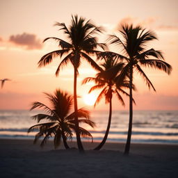 Aesthetic background for a portrait, incorporating a dreamy sunset silhouette on a beach, featuring soft pastel colors like pink and orange blending into a serene ocean view