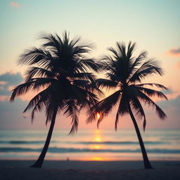 Aesthetic background for a portrait, incorporating a dreamy sunset silhouette on a beach, featuring soft pastel colors like pink and orange blending into a serene ocean view