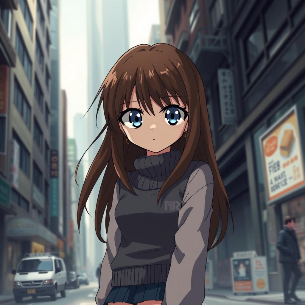 A serious anime girl inspired by Detective Conan, featuring long brown hair and round blue eyes