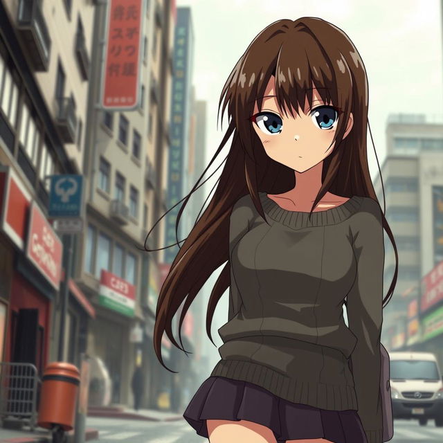 A serious anime girl inspired by Detective Conan, featuring long brown hair and round blue eyes